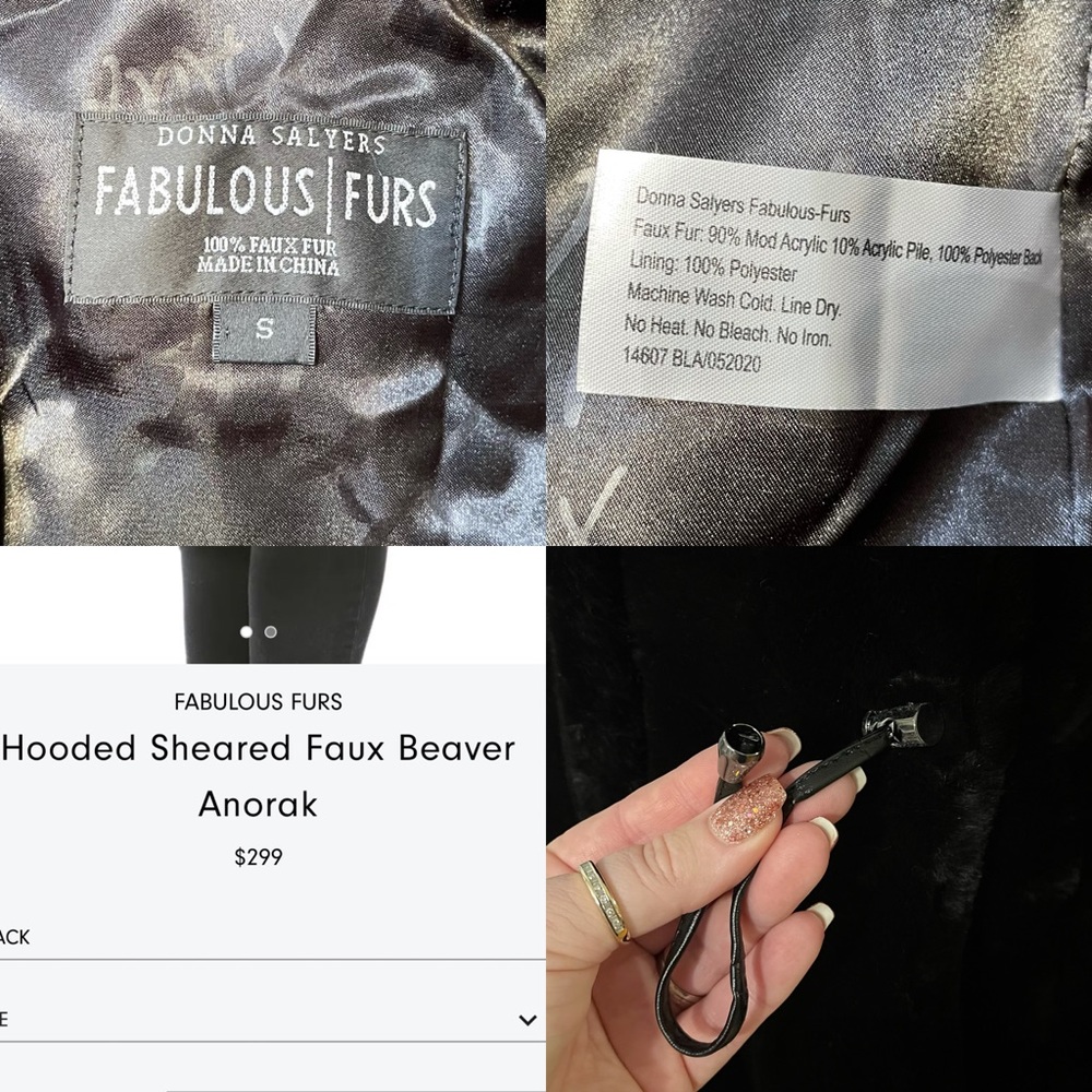 Fabulous Furs Black Hooded Sheared Faux Fur Beaver Anorak Winter Coat Size Small - Picture 16 of 16